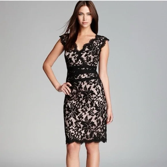 Tadashi Shoji | Dresses | Tadashi Shoji Embroidered Floral Lace Dress Black  Nude Sz 8 Party Cocktail | Poshmark